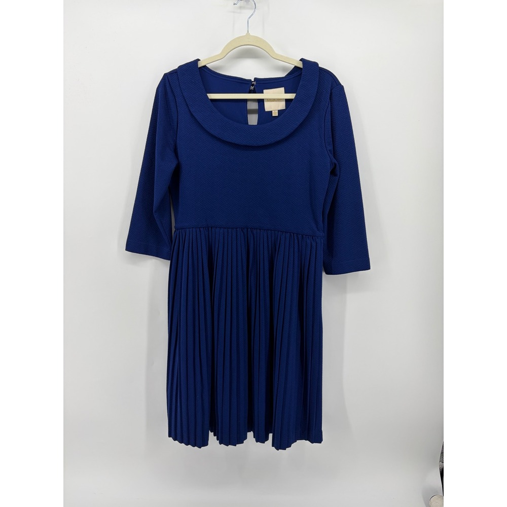 ModCloth Womens L Royal Blue Fit Flare Dress Pleated Peter Pan Collar 3/4 sleeve